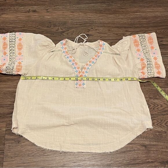 Beige Tassel Drawstring Boho Chic Embroidered Half Sleeve V Neck Top Size M - Picture 11 of 15